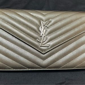 YSL Pewter Convertible Handbag, Crossbody, Clutch on a removable chain